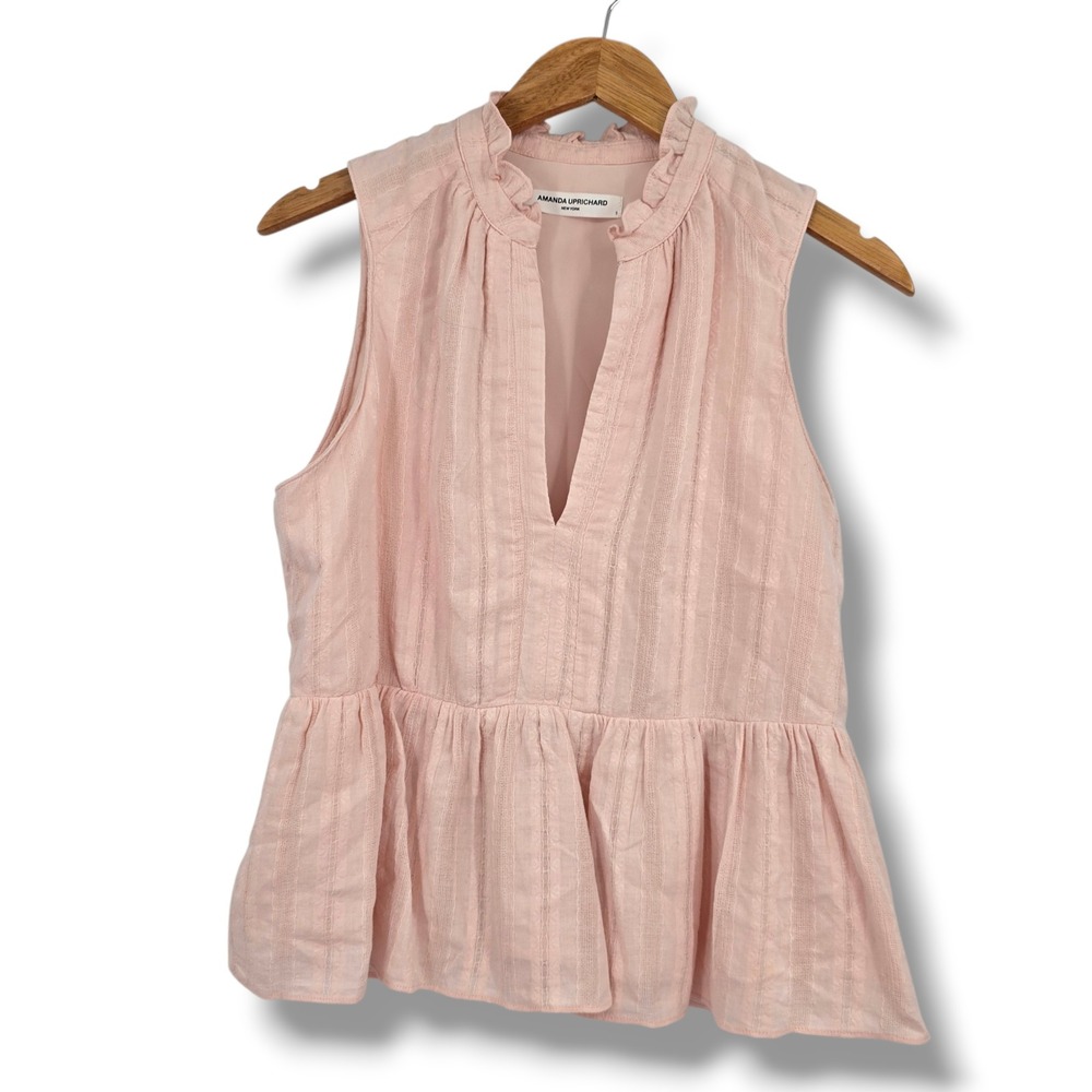 Amanda Uprichard Pink Cotton Dobby Stripe Ruffle Peplum Sleeveless Top Small
